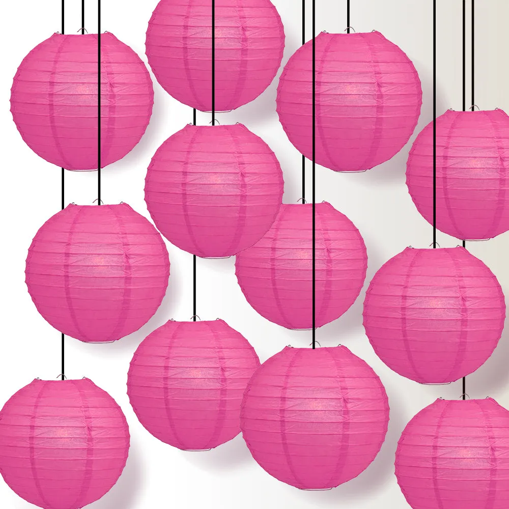 12 PACK | Fuchsia / Hot Pink Even Ribbing Round Paper Lantern, Hanging Combo Set