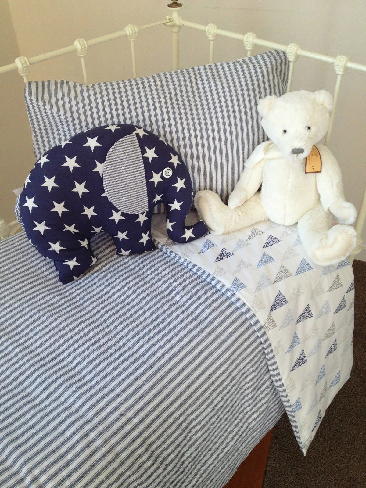 3 Piece Nursery Bedding Cooper Blue Baby Cot Quilt Package.