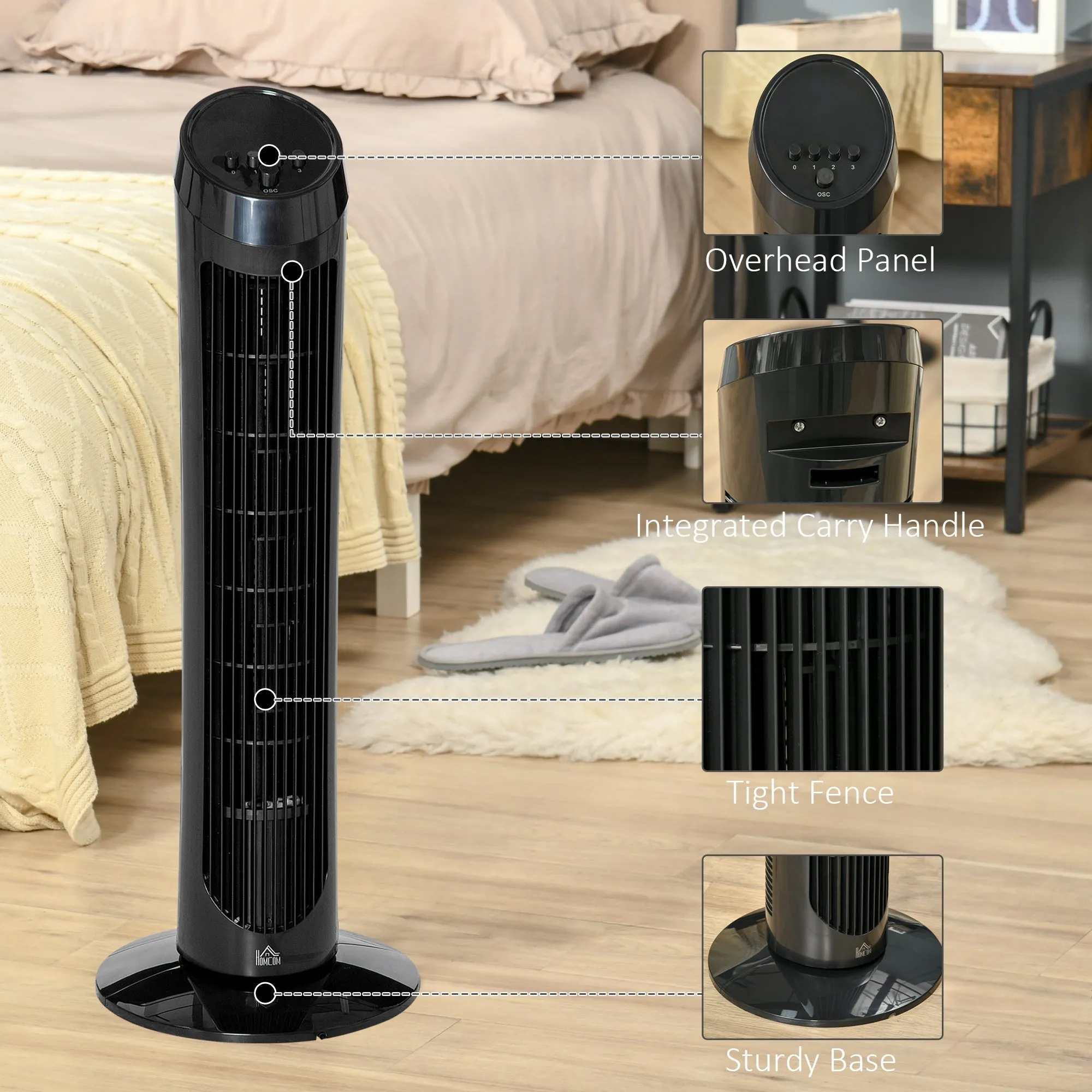 30" Oscillating Tower Fan 3 Speed Mode Ultra Slim Indoor Air Refresher Cooling Machine Noise Reduction - Black