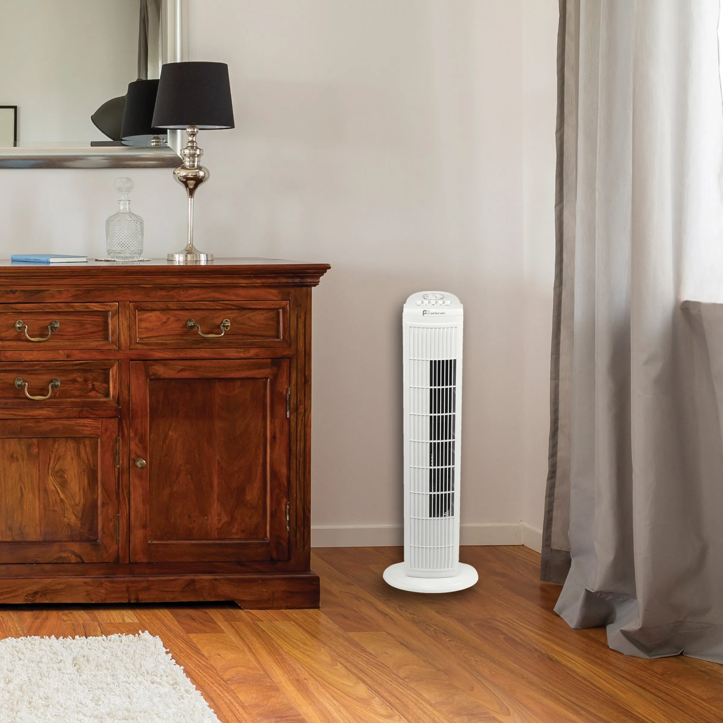 30" Tower Fan with Efficient Wide-Angle Oscillation, Timer, and Easy Push Button Controls