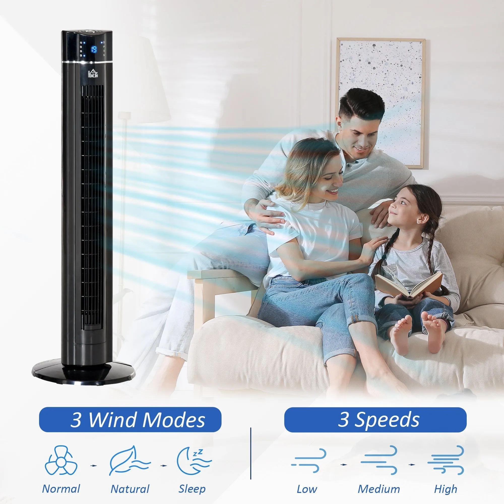 42" Anion Tower Fan Cooling for Bedroom with 3 Speed