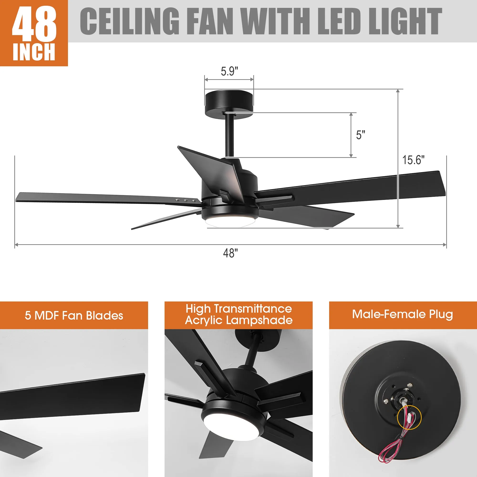 48" DC Motor 5 Blades Modern Downrod Mount Ceiling Fan