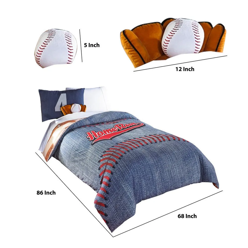 5 Piece Polyester Twin Comforter Set with Baseball Inspired Print, Blue By Casagear Home