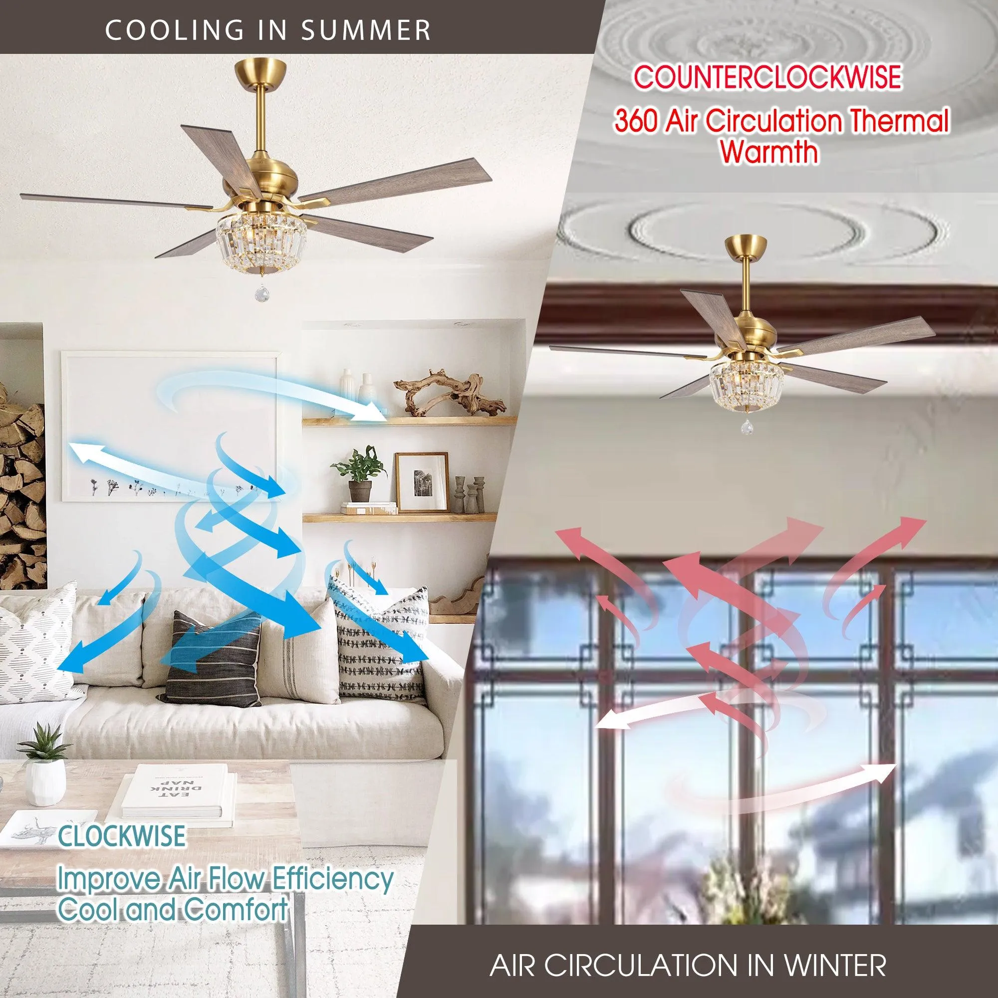 52" Ganga Modern Downrod Mount Reversible Crystal Ceiling Fan with Lighting and Remote Control