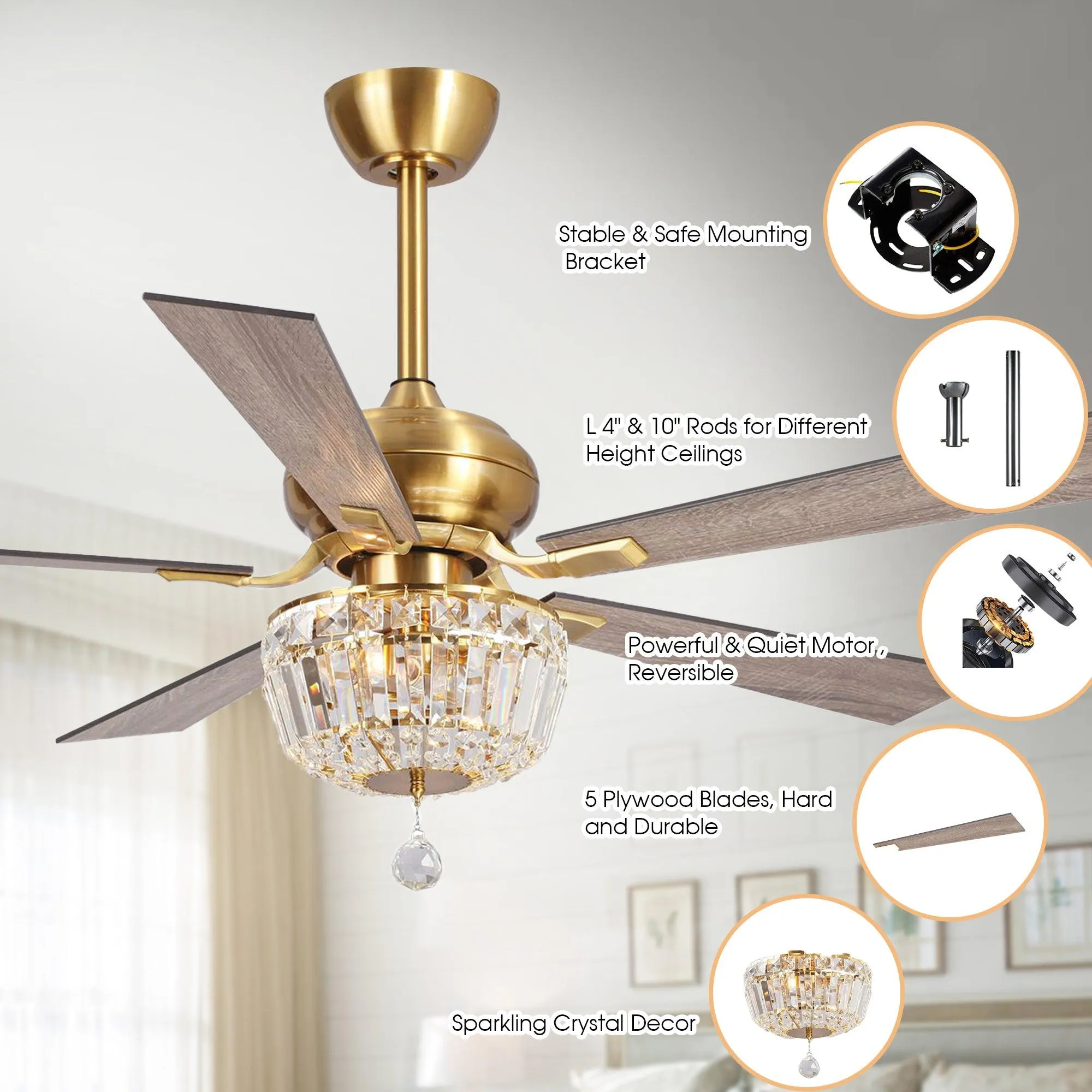 52" Ganga Modern Downrod Mount Reversible Crystal Ceiling Fan with Lighting and Remote Control