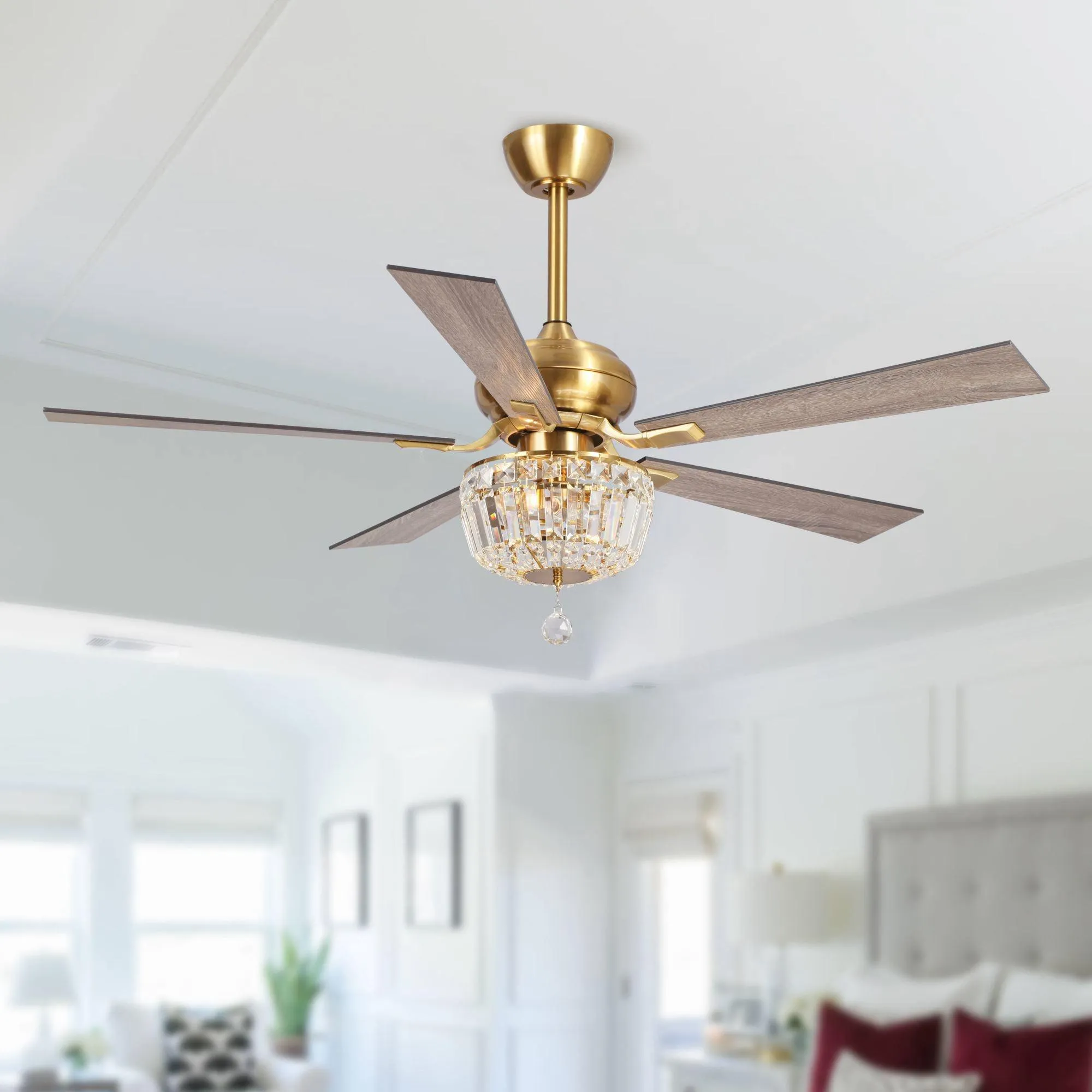 52" Ganga Modern Downrod Mount Reversible Crystal Ceiling Fan with Lighting and Remote Control