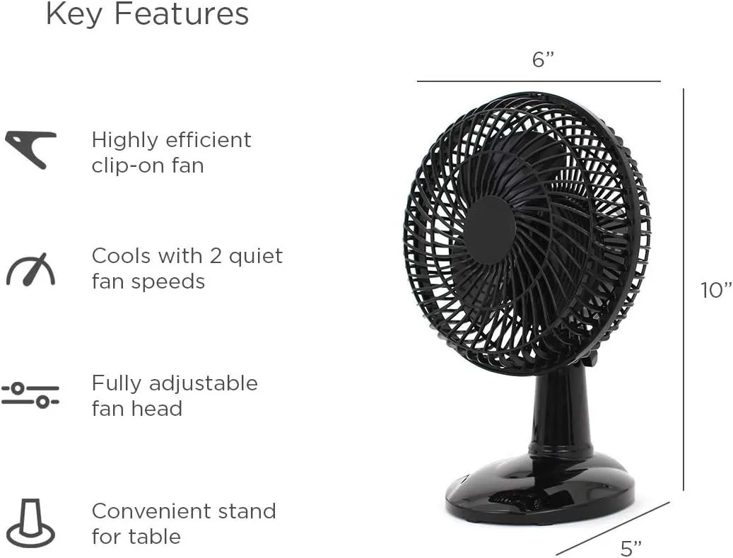 6-inch Convertible Desk Fan Clip On Base or Tabletop - Black