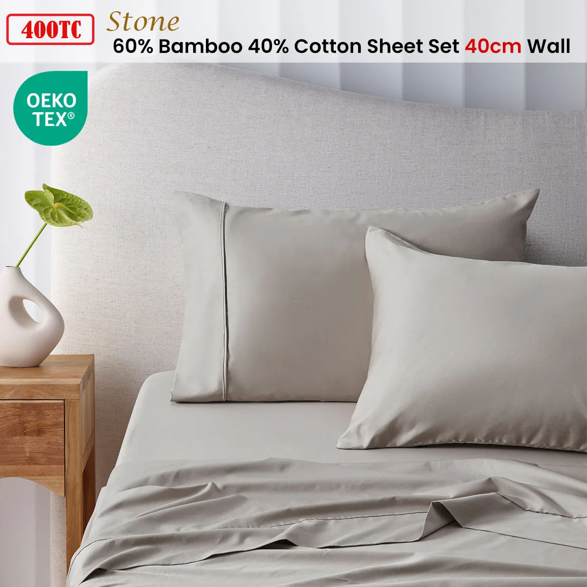 Accessorize 400TC Stone Bamboo Cotton Sheet Set 40cm Wall King