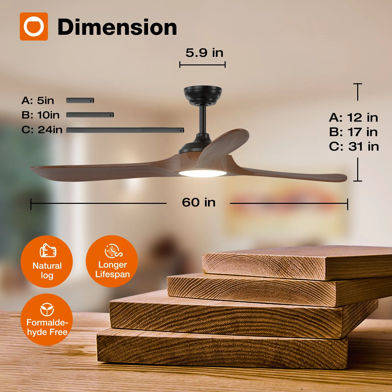 Addlon Ceiling Fans with Lights, 60/70/80 Inch Indoor/Outdoor Ceiling Fan with Remote Control, Reversible, 3 Wood Blades, 6 Speeds, 3CCT Dimmable, Noiseless, Large Ceiling Fan for Patio, Gazebo, Farmhouse