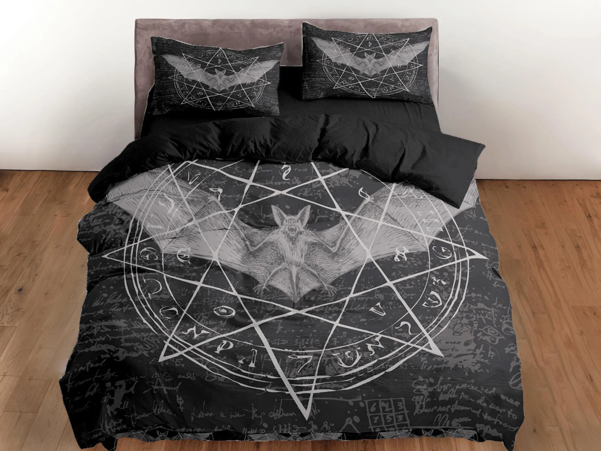 Alchemy goth bat halloween bedding & pillowcase, black duvet cover set dorm bedding, gothic decor, nursery toddler bedding, halloween gift