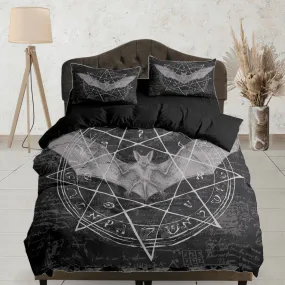 Alchemy goth bat halloween bedding & pillowcase, black duvet cover set dorm bedding, gothic decor, nursery toddler bedding, halloween gift