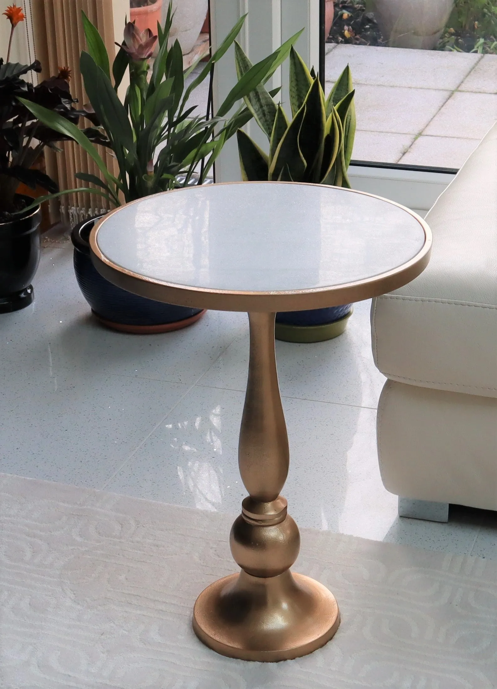 Alegra White Marble Gold Pedestal Accent Side Table