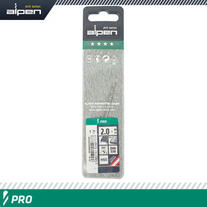 ALPEN ALPEN PRO HSS 2MM DRILL DIN 338 RN 135 SPLIT POINT PLASTIC WALLET  (1 ALP1840020