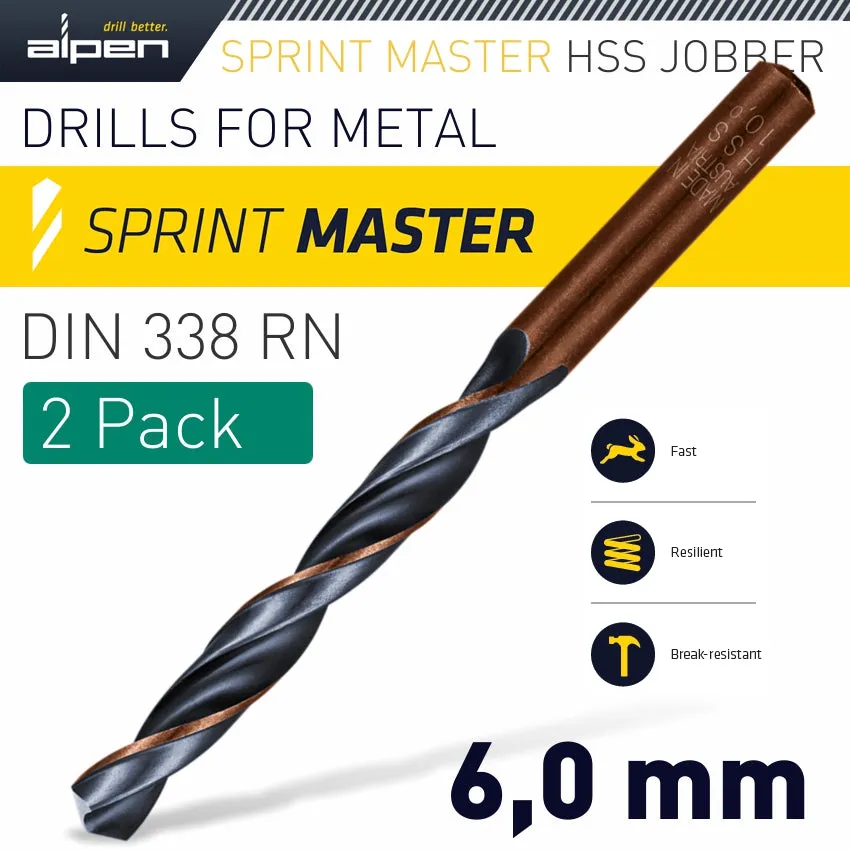 ALPEN HSS SPRINT MASTER  6.0MM X2 SLEEVED DIN338 ALPEN DRILL BIT ALP6180060