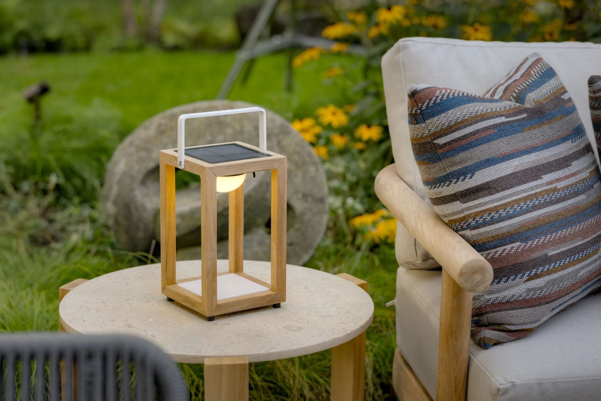 Aluminum & Teak Solar Light Lantern - White Base - SM/LG