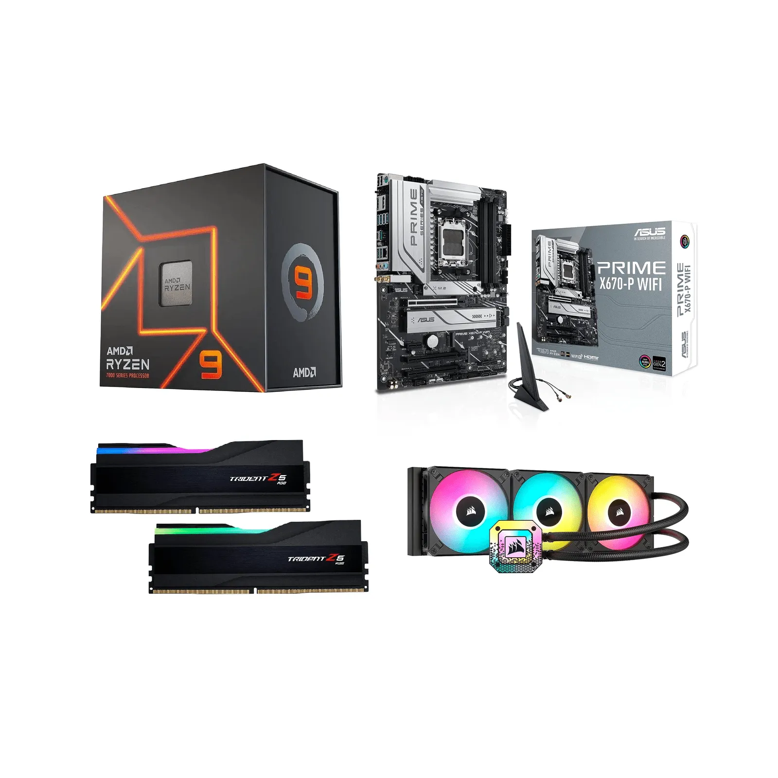 AMD Ryzen 9 Combo - AMD Ryzen 9 7950X Processor / ASUS Prime X670-P WiFi Motherboard / Gskill Trident Z5 64 GB RAM / Corsair Icue H150i Elite CAPELLIX XT Liquid Cooler