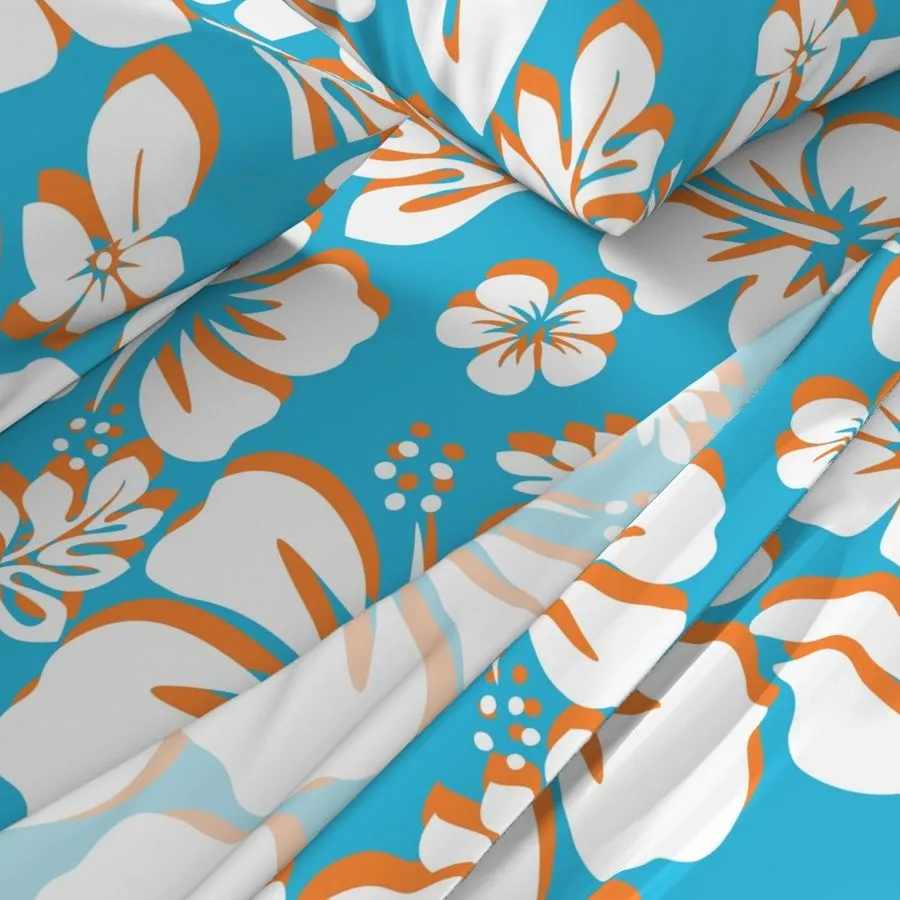 Aqua Blue, Orange and White Hawaiian Flowers Sheet Set from Surfer Bedding™️ Medium Scale