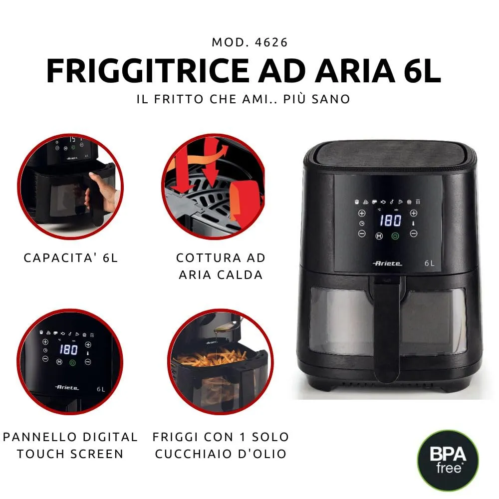 Ariete By Delonghi  4626 6L Air Fryer, 1300 W, 6L capacity, 2.5kg cooking capacity, 8 preset programs, Black