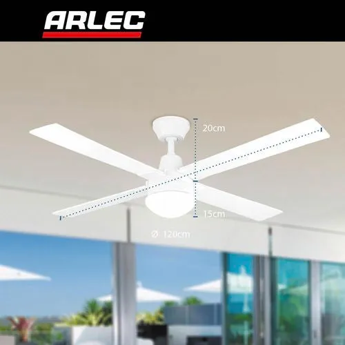 Arlec 120cm White 4 Blade Classic Ceiling Fan With Light/ Reversible Motor for Summer & Winter