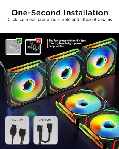 AsiaHorse COSMIQ 120mm PC RGB Fans Computer Case Fans, 5V 3-PIN Connector Daisy Chain PWM Cooling Fans with Controller for Cases CPU Liquid Coolers (Black COSMIQ Forward Fan, Black-1Pack)