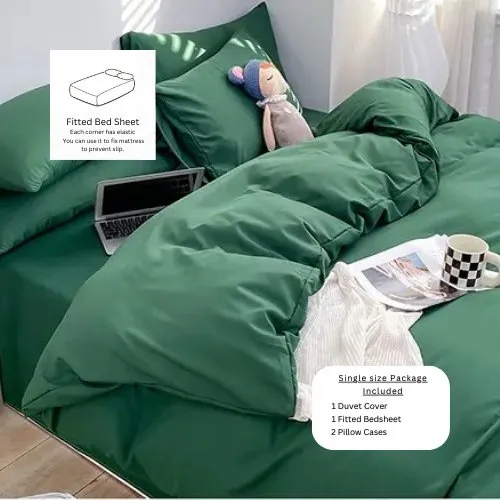 Basic Premium Single, Set of 4 Pieces, Duvet Cover Set, Green color.