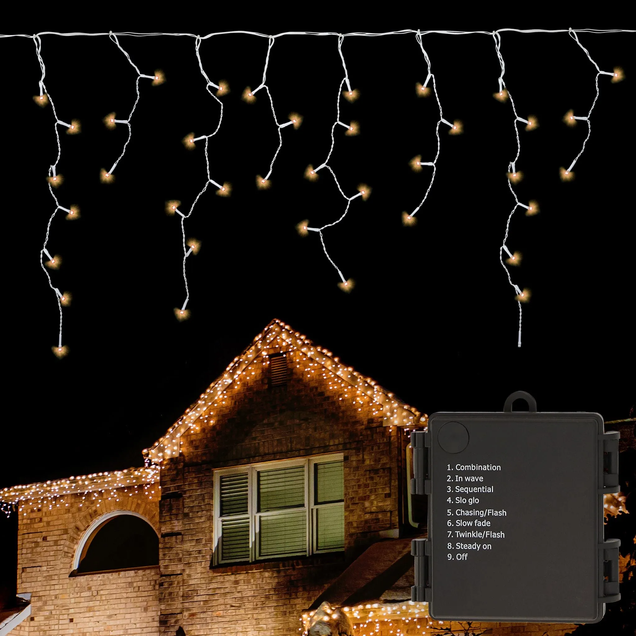 Battery Operated 8 Function LED Icicle Lights (180 Lights) - Warm White Lights