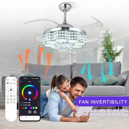 BAYSQUIRREL Retractable Crystal Ceiling Fan with Light, Bluetooth Ceiling Fan with Speaker, 85 Kinds of Color Light,6 Speed Reversible Modern Invisible Ceiling Fan,Remote and APP Control