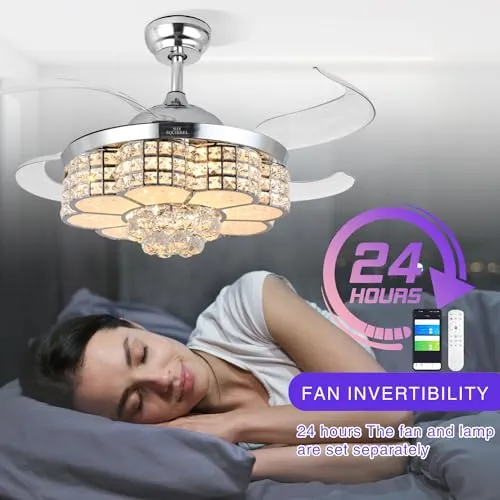 BAYSQUIRREL Retractable Crystal Ceiling Fan with Light, Bluetooth Ceiling Fan with Speaker, 85 Kinds of Color Light,6 Speed Reversible Modern Invisible Ceiling Fan,Remote and APP Control