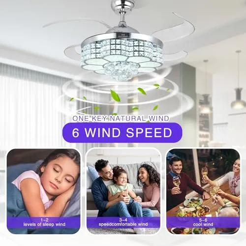 BAYSQUIRREL Retractable Crystal Ceiling Fan with Light, Bluetooth Ceiling Fan with Speaker, 85 Kinds of Color Light,6 Speed Reversible Modern Invisible Ceiling Fan,Remote and APP Control