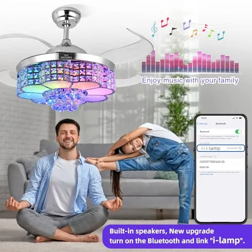 BAYSQUIRREL Retractable Crystal Ceiling Fan with Light, Bluetooth Ceiling Fan with Speaker, 85 Kinds of Color Light,6 Speed Reversible Modern Invisible Ceiling Fan,Remote and APP Control