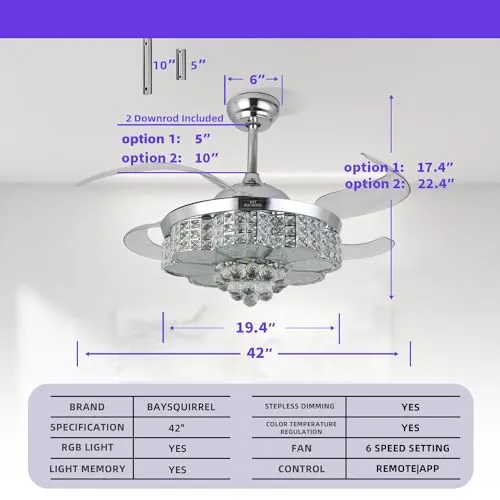 BAYSQUIRREL Retractable Crystal Ceiling Fan with Light, Bluetooth Ceiling Fan with Speaker, 85 Kinds of Color Light,6 Speed Reversible Modern Invisible Ceiling Fan,Remote and APP Control