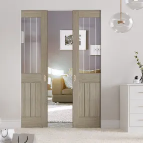 Belize Light Grey Absolute Evokit Double Pocket Door  - Clear Glass Frosted Lines - Prefinished