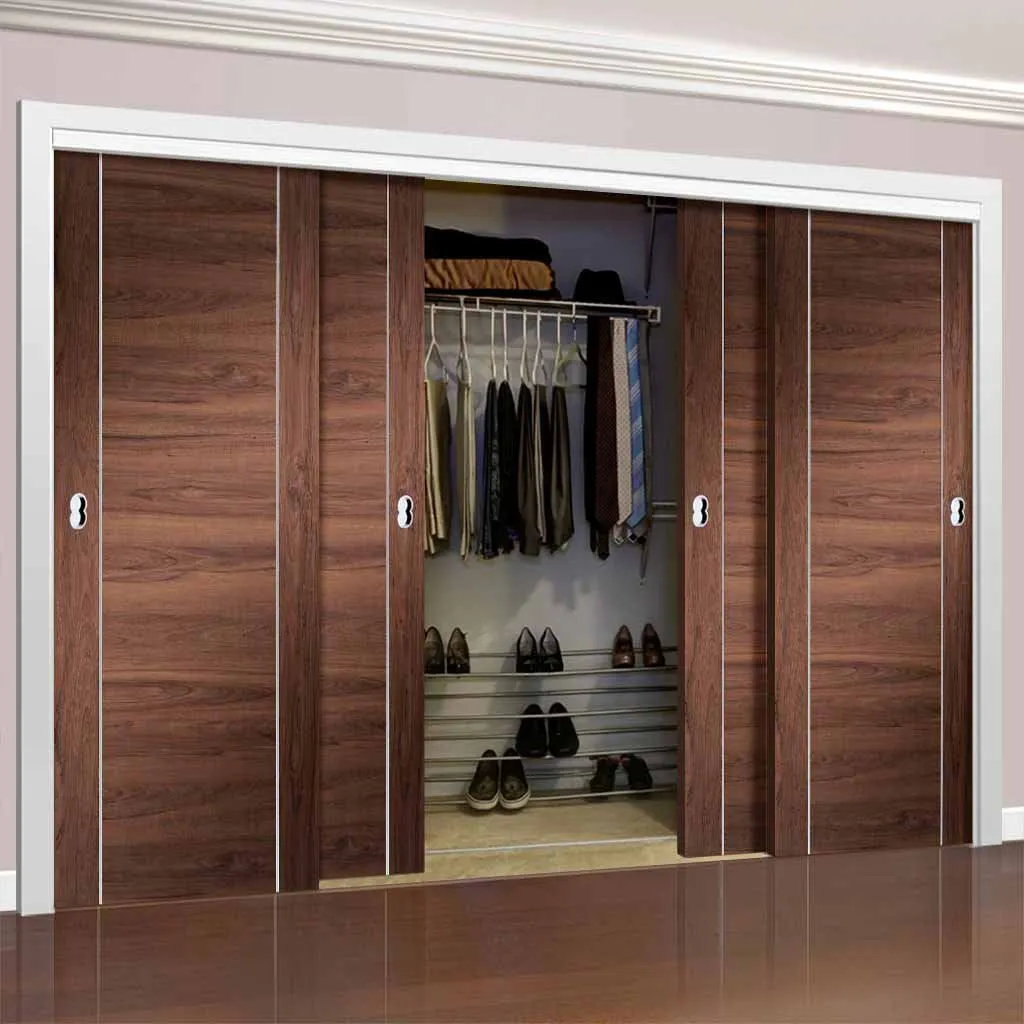 Bespoke Forli Walnut Flush 4 Door Maximal Wardrobe and Frame Kit - Aluminium Inlay - Prefinished