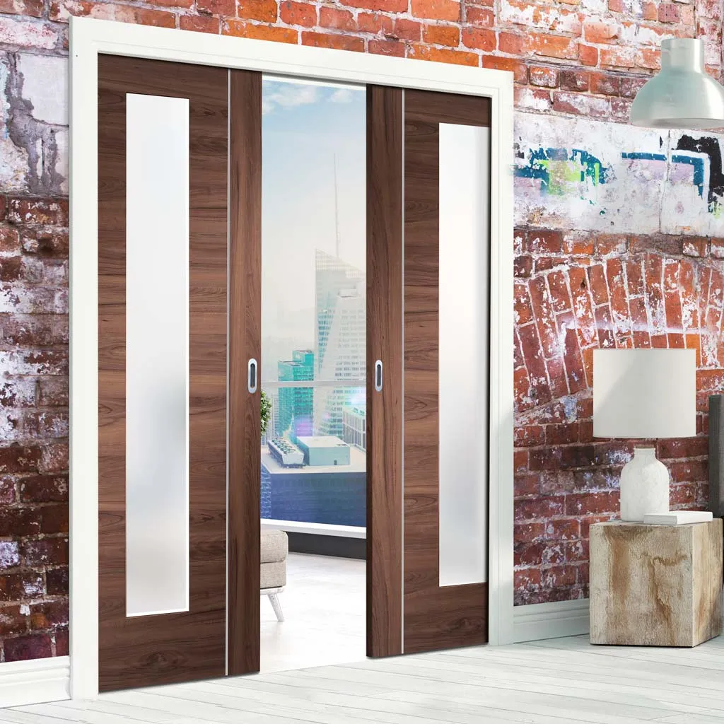 Bespoke Forli Walnut Glazed Double Pocket Door - Aluminium Inlay - Prefinished