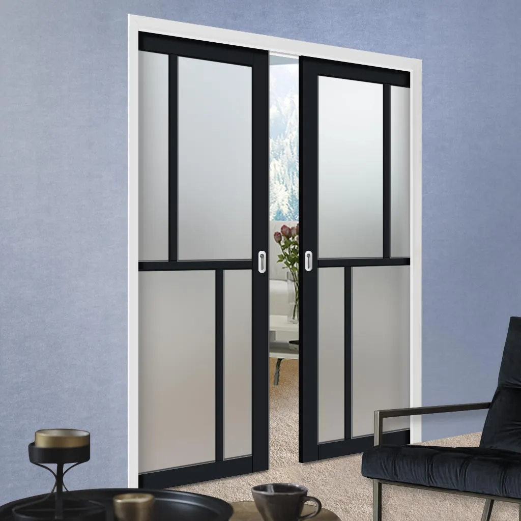 Bespoke Handmade Eco-Urban® Hampton 4 Pane Double Evokit Pocket Door DD6413SG Frosted Glass - Colour Options