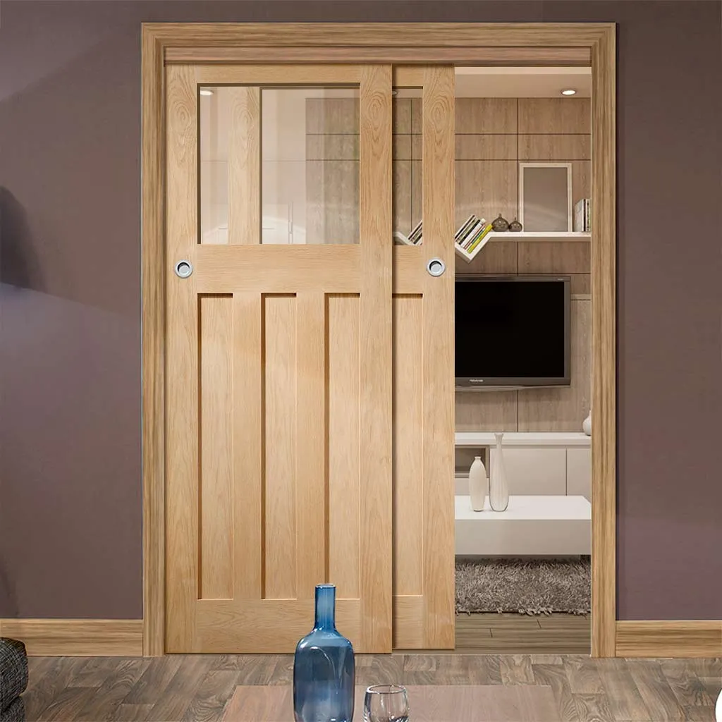 Bespoke Pass-Easi DX Oak 1930's Glazed - 2 Sliding Doors and Frame Kit