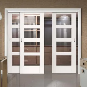 Bespoke Pass-Easi Shaker 4L Glazed - Clear Glass - 3 Sliding Doors and Frame Kit - White Primed