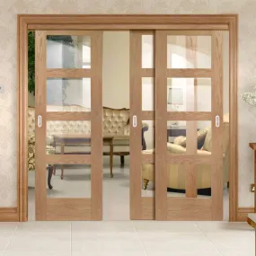 Bespoke Pass-Easi Shaker Oak 4 Pane Glazed - Clear Glass - 3 Sliding Doors and Frame Kit