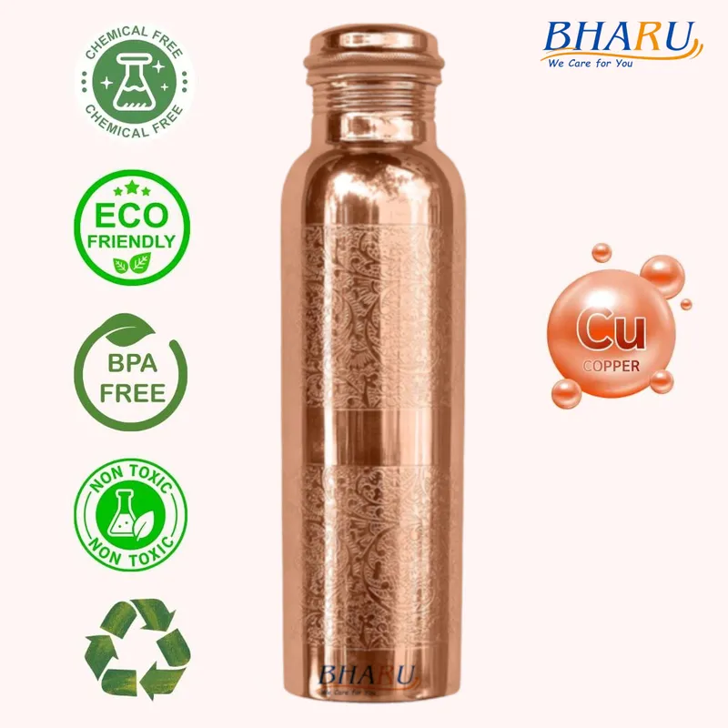 Bharu Embossed Copper Bottle 1000 ml & 2 pcs Embossed Copper Glass