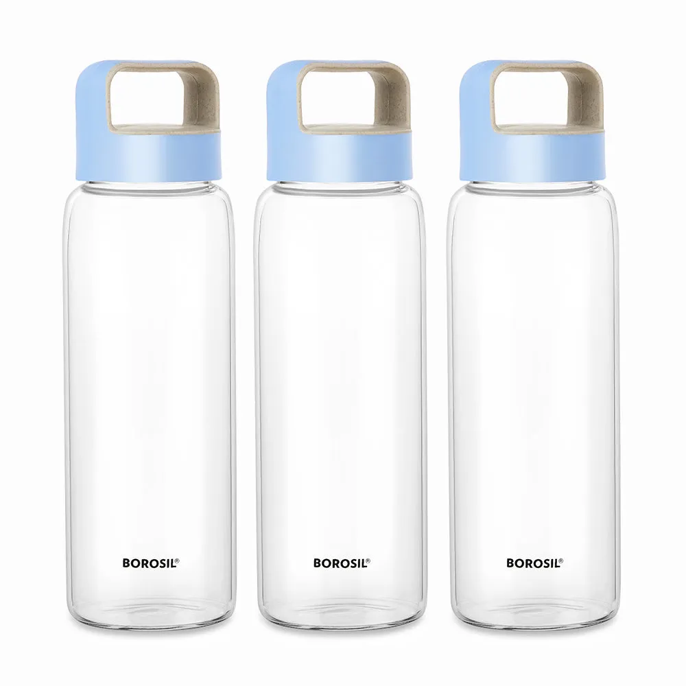 Borosil Crysto Glass Bottle Set of 3 - Blue Lid