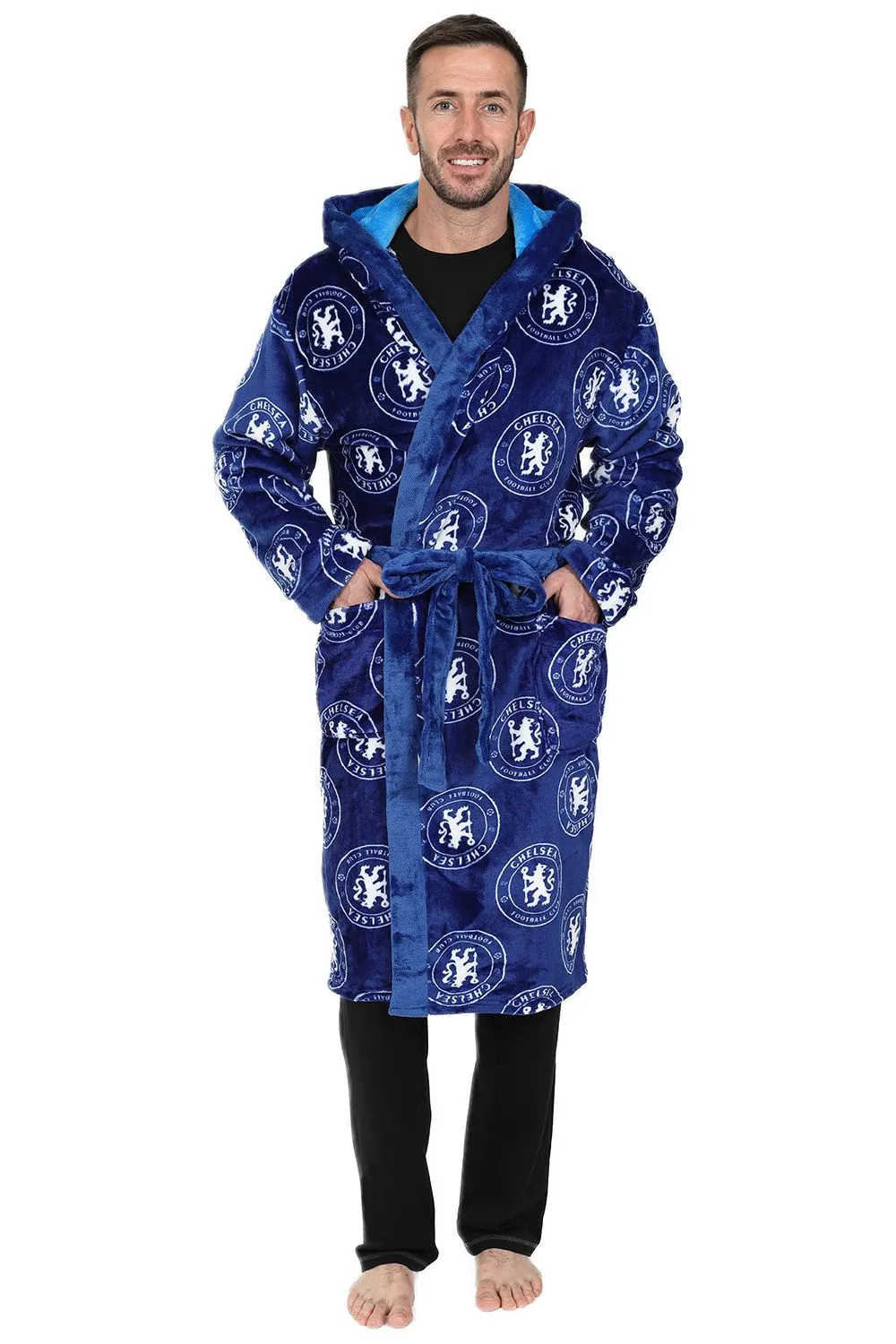 Chelsea F.C. Mens Official Dressing Gown Fleece Hooded Robe