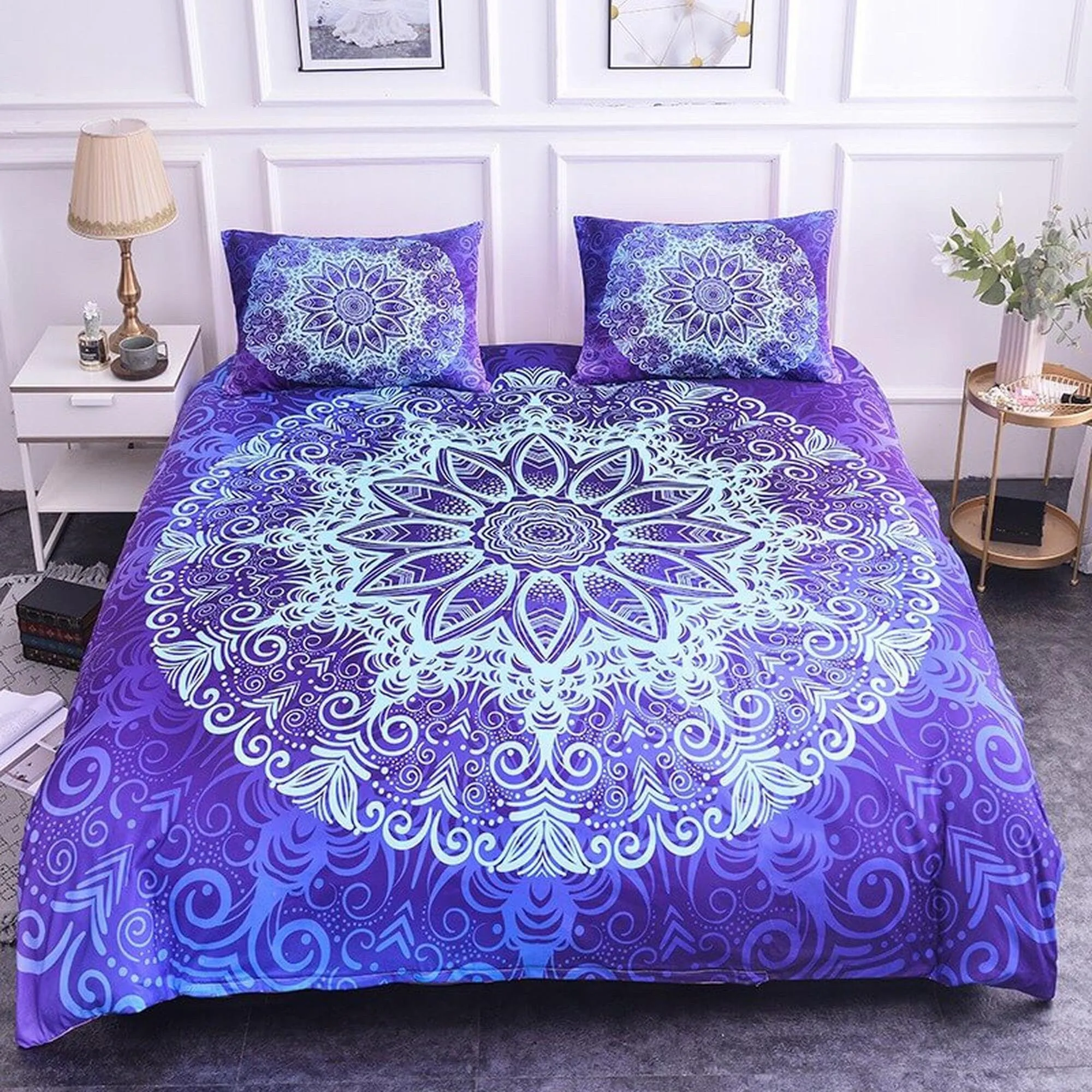 Circular mandala purple duvet cover boho bedding set full, queen, king, dorm bedding, aesthetic room decor indian bedspread maximalist decor