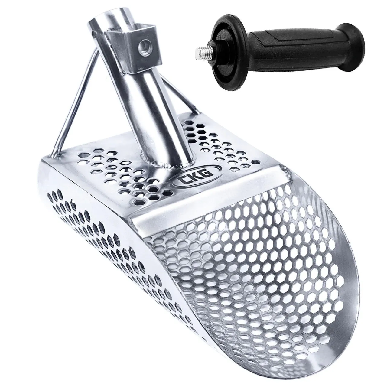 CKG SAND SCOOP FOR METAL DETECTING, STAINLESS STEEL WITH HEXAHEDRON 7MM HOLES FOR BEACH TREASURE HUNTING   PLASTIC HANDLE