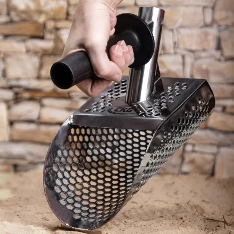 CKG SAND SCOOP FOR METAL DETECTING, STAINLESS STEEL WITH HEXAHEDRON 7MM HOLES FOR BEACH TREASURE HUNTING   PLASTIC HANDLE