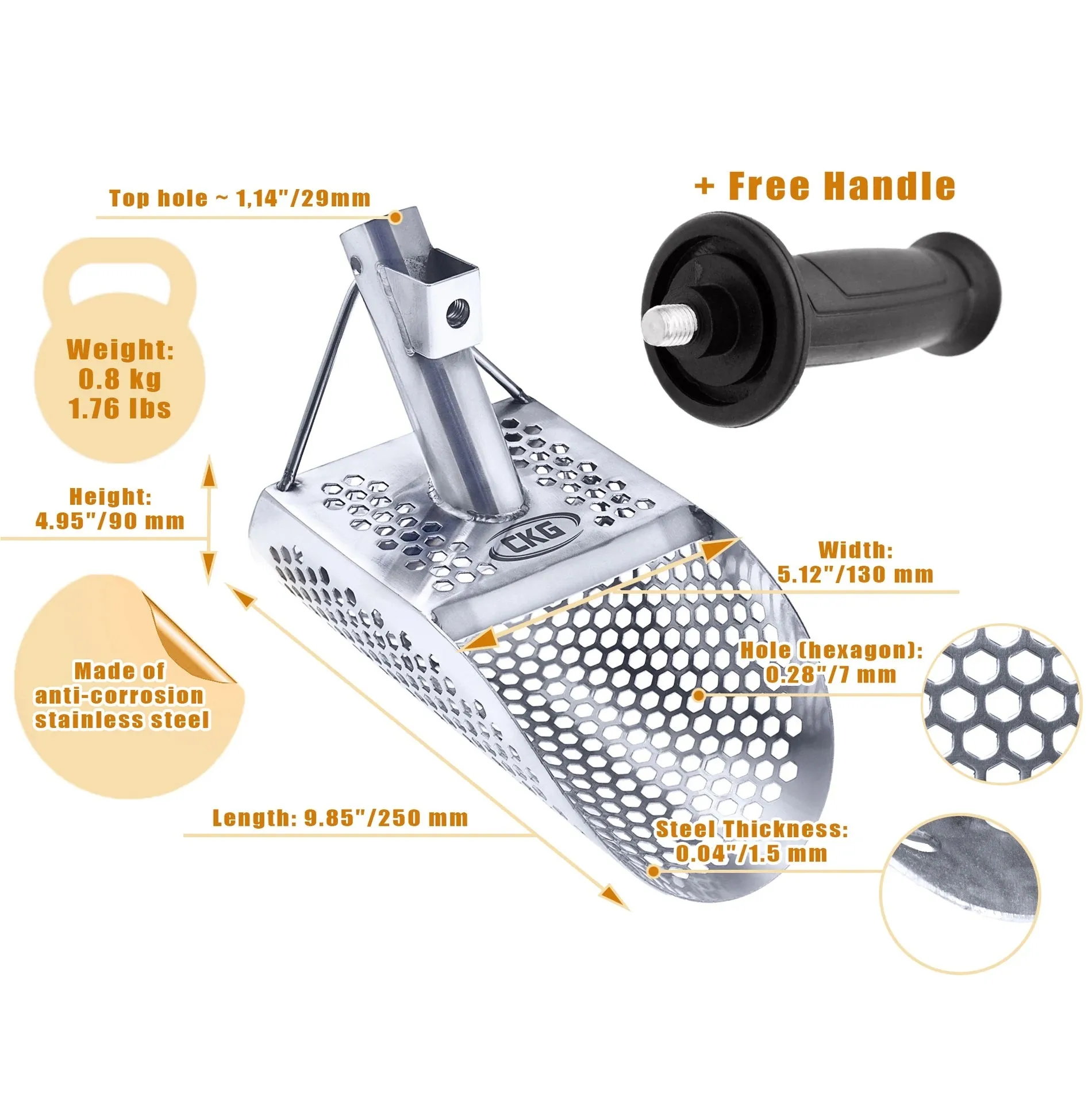 CKG SAND SCOOP FOR METAL DETECTING, STAINLESS STEEL WITH HEXAHEDRON 7MM HOLES FOR BEACH TREASURE HUNTING   PLASTIC HANDLE