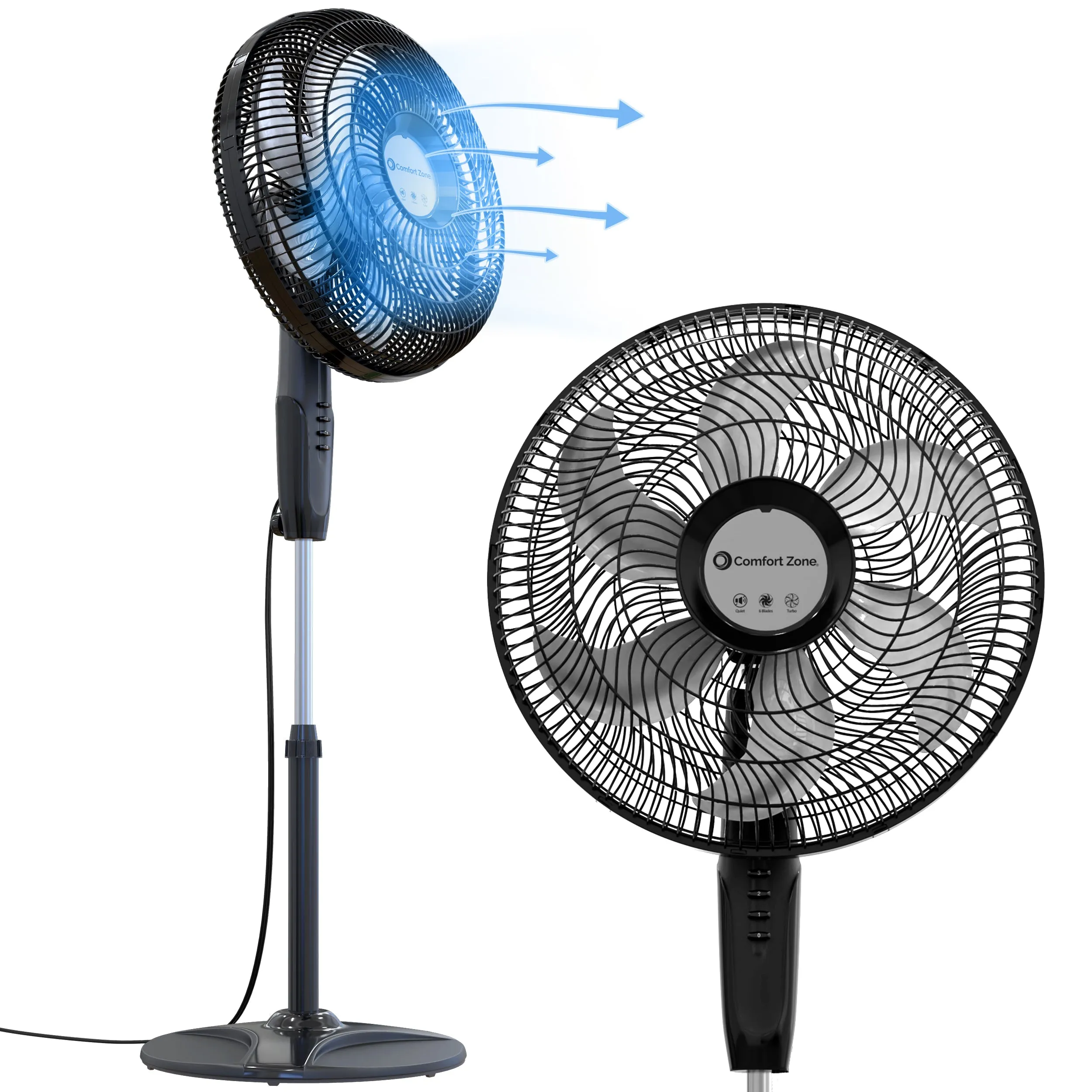 Comfort Zone 18" 3-Speed Powr Curve Oscillating Pedestal Fan in Multiple Color Options