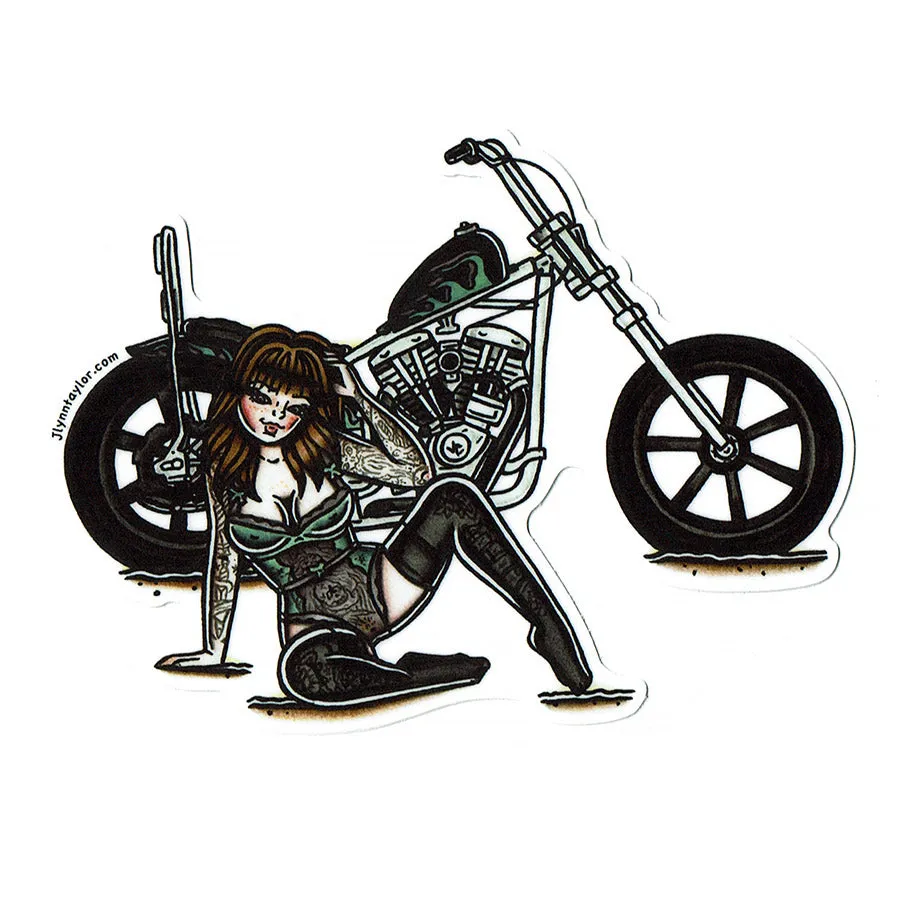 Cone Shovelhead Chopper Pinup (Green/Purple Flames) Sticker