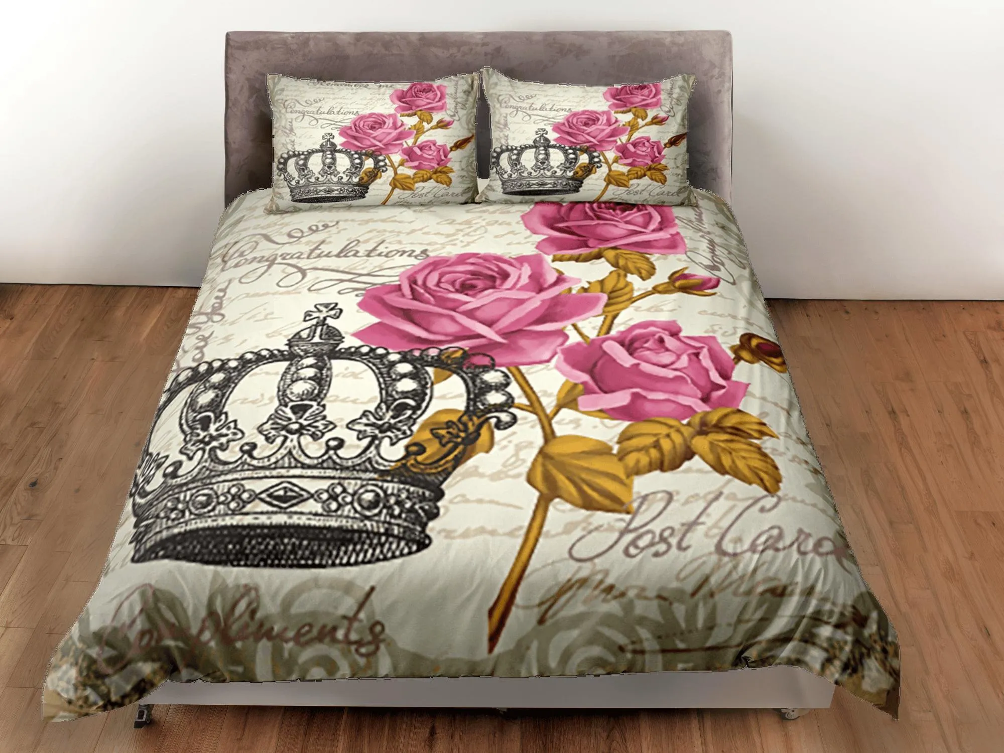 Crown Vintage Roses Duvet Cover Set Bedspread, Floral Dorm Bedding Pillowcase