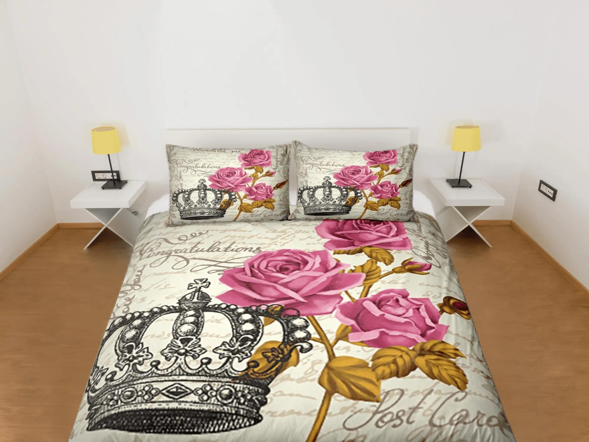 Crown Vintage Roses Duvet Cover Set Bedspread, Floral Dorm Bedding Pillowcase