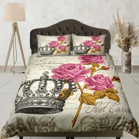 Crown Vintage Roses Duvet Cover Set Bedspread, Floral Dorm Bedding Pillowcase